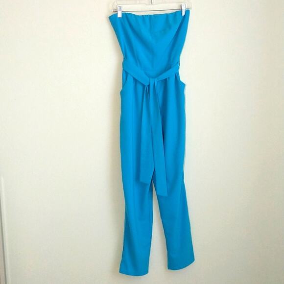 Monteau Los Angeles Strapless Jumpsuit Women's Sz M Blue Belted Pockets Back Zip - Picture 14 of 15